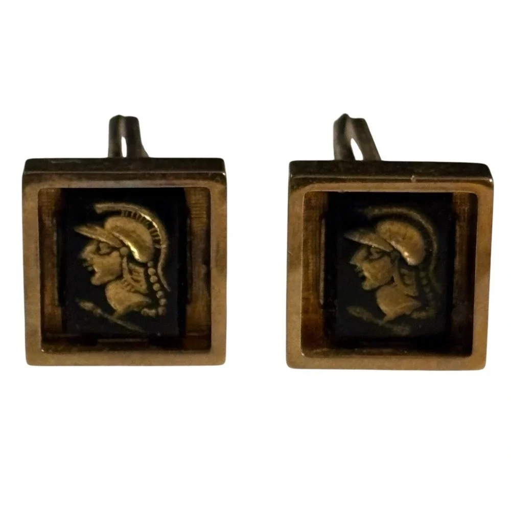 Vintage Cufflinks Roman Trojan‎ Greek Soldier Gold Tone Black Center Square